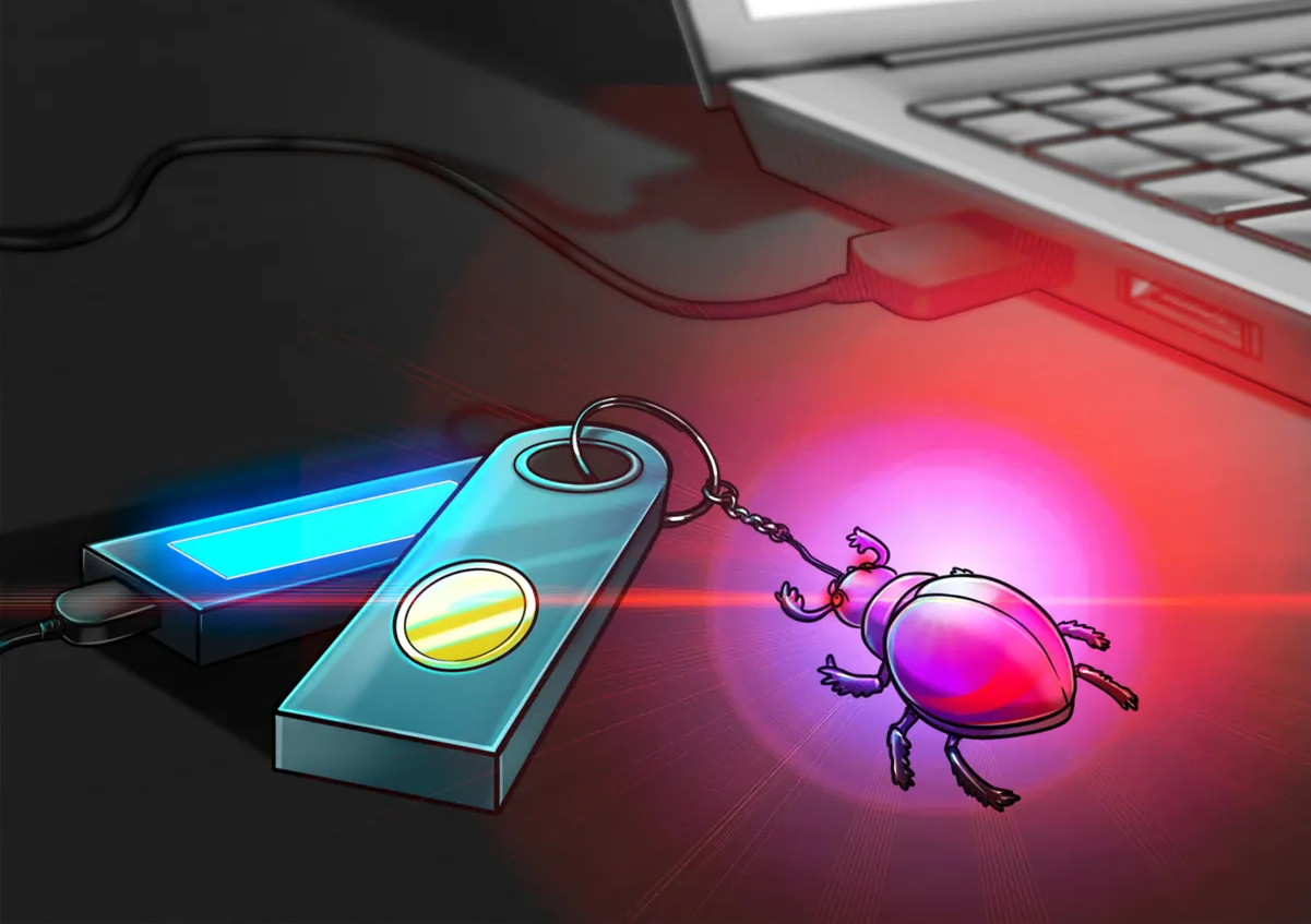 A hardware wallet connected to a laptop during a security investigation